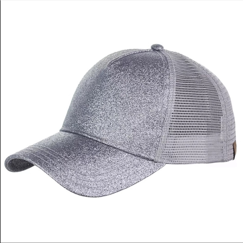 Silver high pony tail lessy bun baseball cap hat